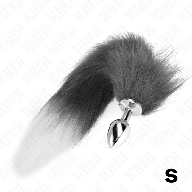 KINK - PLUG ANAL TAMAÑO S 7 X 3 CM CON COLA DE PLÁSTICO 40 CM GRIS Y BLANCO