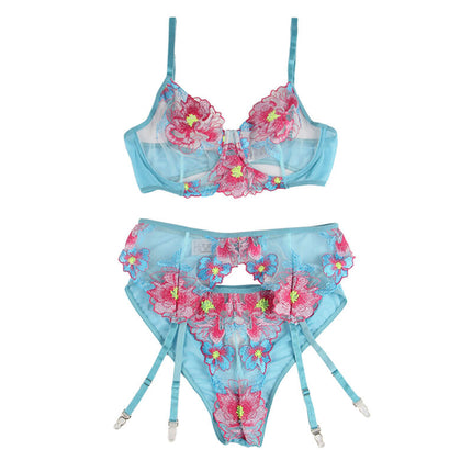 SUBBLIME - 954109 Bra + Panties with Garter Belt Floral Design Blue S/M