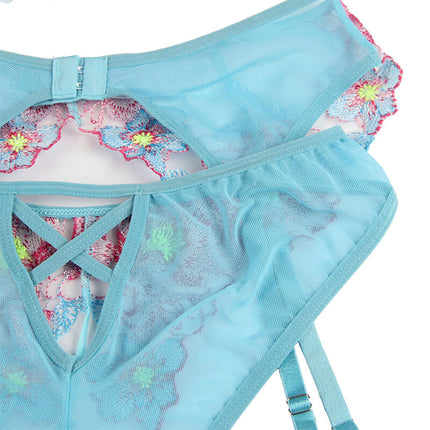 SUBBLIME - 954109 Bra + Panties with Garter Belt Floral Design Blue S/M