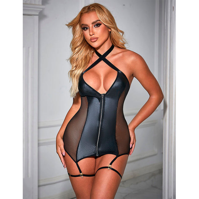 SUBBLIME - 954451 SEXY MESH KLEID LEDER SCHWARZ L/XL