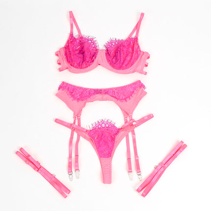SUBBLIME - 955366 BH-SET MIT SPITZE UND STRUMPFBAND ROSA UND LILA L/XL