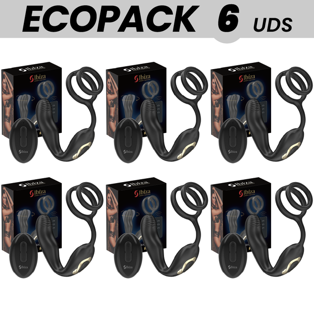 ECOPACKS 6 EINHEITEN - IBIZA WIGGLE FERNGESTEUERTER ROTIERENDER ANALSTECKER MIT DAMMVIBRATION UND PENISVERGRÖSSERUNGSRINGEN