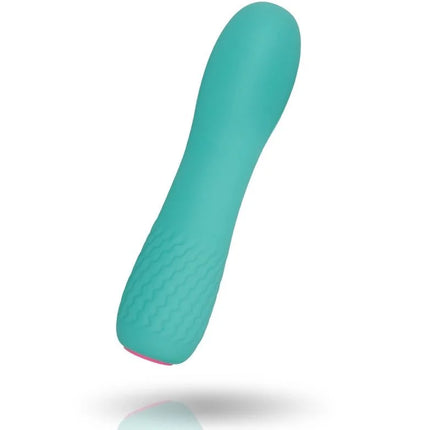 Teal silikon vibrator mit strukturierter griff und pinkem akzent am boden aus der inspire essential leila turquoise serie