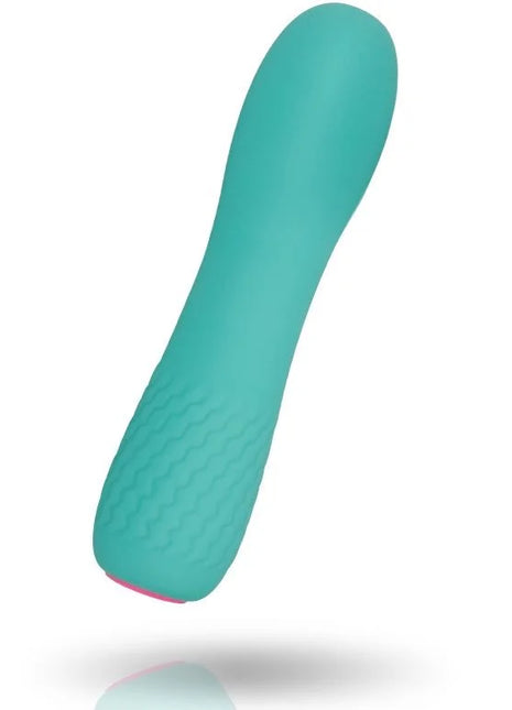 Teal silikon vibrator mit strukturierter griff und pinkem akzent am boden aus der inspire essential leila turquoise serie