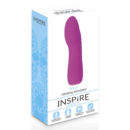Lila silikon vibrierender stimulator im inspire essential myla verpackung