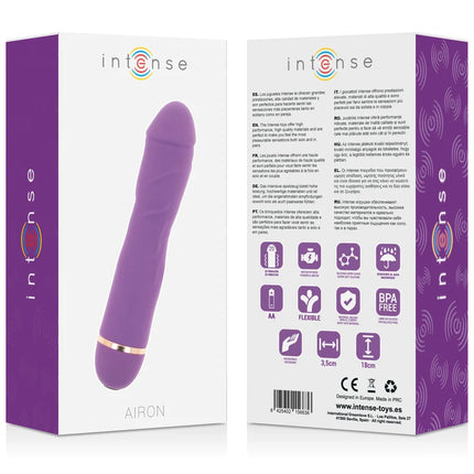 Lila silikon airon vibrato intense mit schlankem gebogenem design und goldfarbenem metallring am fuß