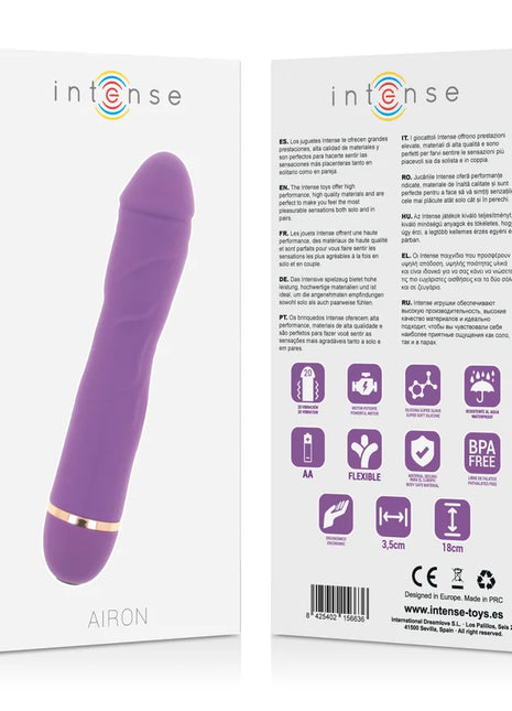 Lila silikon airon vibrato intense mit schlankem gebogenem design und goldfarbenem metallring am fuß