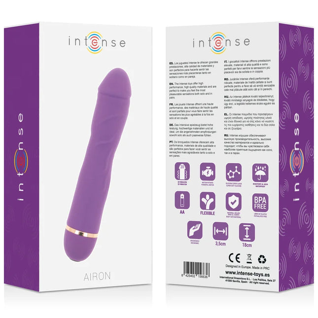 Lila silikon airon vibrato intense mit schlankem gebogenem design und goldfarbenem metallring am fuß