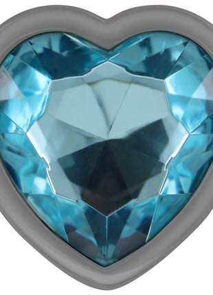 Intense aluminium-metall anal stecker mit herzförmigem blauem facettierten stein in silberrahmen größe l