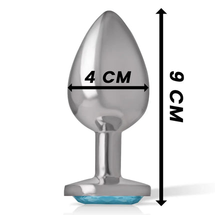 Silverplated aluminium metall anal plug with blue crystal base 9 cm high and 4 cm wide size l intense