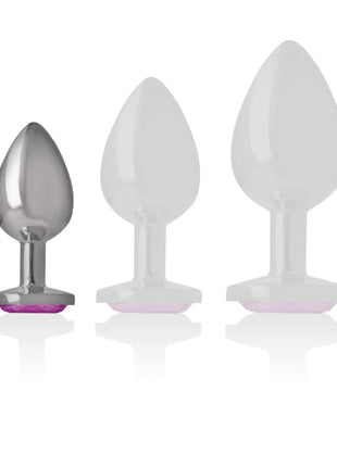 Set aus drei analsteckern in aluminium metall rosa herz und durchsichtig weiß in größe s
