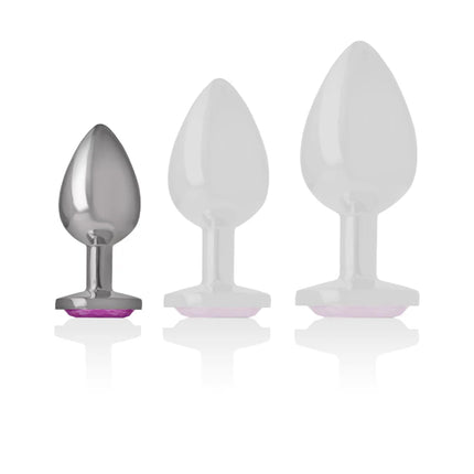 Set aus drei analsteckern in aluminium metall rosa herz und durchsichtig weiß in größe s