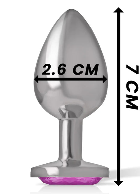 Silberplattierter aluminium-metall-analstecker mit lebendigem lila kristallbasis rosa herz größe s 7 cm hoch 2,6 cm breit
