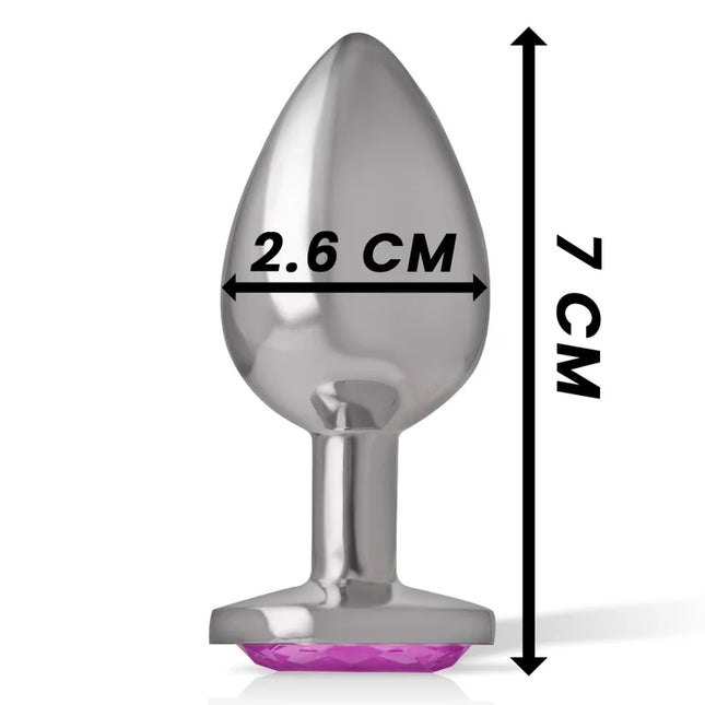 Silberplattierter aluminium-metall-analstecker mit lebendigem lila kristallbasis rosa herz größe s 7 cm hoch 2,6 cm breit