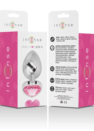 Ein glänzender aluminium-metall-analstecker in rosa mit herzförmigem edelstein und größe s von intense
