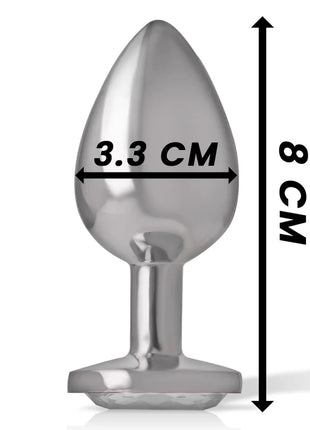 Silberner aluminium metall analstecker mit tropfenförmigem kopf und flachem fuß 8 cm hoch weiße herzgröße m