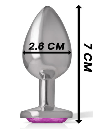 Intense aluminiummetall-analsplug mit rosafarbenem kristall, 7 cm hoch und 2,6 cm breit, metallisch silber und lila grund