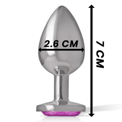 Intense aluminiummetall-analsplug mit rosafarbenem kristall, 7 cm hoch und 2,6 cm breit, metallisch silber und lila grund