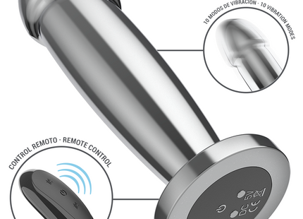 Intense anal plug aus silberfarbenem metall mit 10 vibrationen und fernbedienung, kreisförmige basis sichtbar