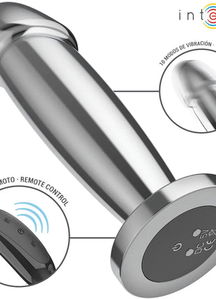 Intense anal plug aus silberfarbenem metall mit 10 vibrationen und fernbedienung, kreisförmige basis sichtbar
