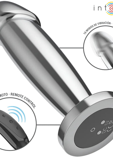 Intense anal plug aus silberfarbenem metall mit 10 vibrationen und fernbedienung, kreisförmige basis sichtbar
