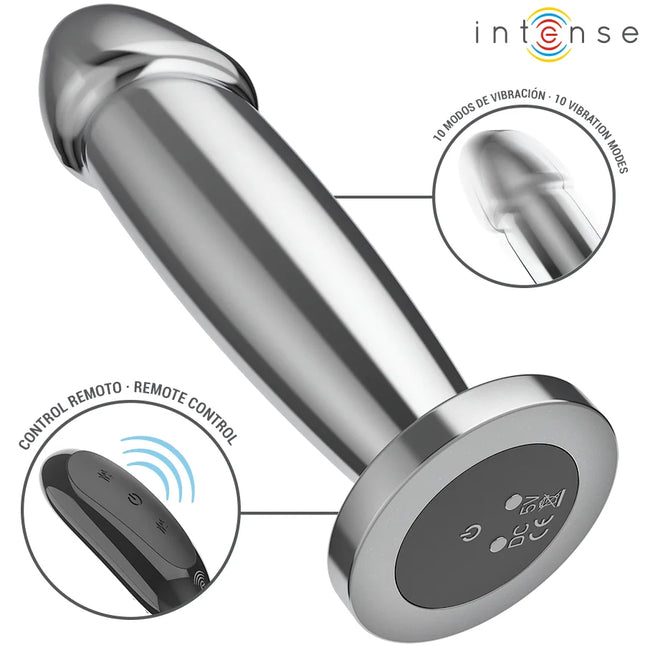Intense anal plug aus silberfarbenem metall mit 10 vibrationen und fernbedienung, kreisförmige basis sichtbar