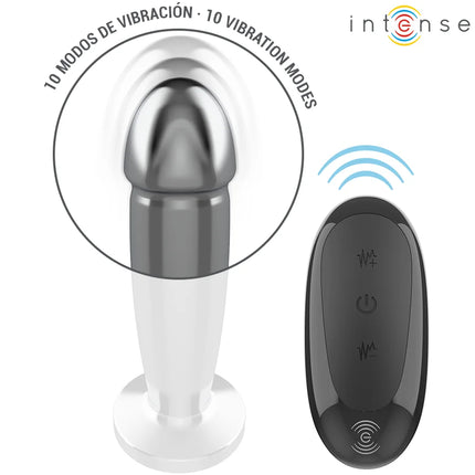 Intense anal plug mit 10 vibrationsmodi aus metall in silber und weiß mit fernbedienung