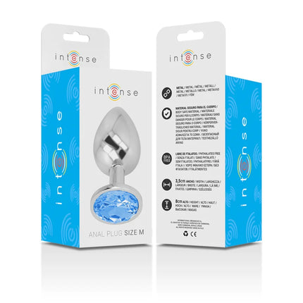 Intense analplug aus aluminium mit poliertem silbernem körper und blauem facettierter glasakzent in größe m