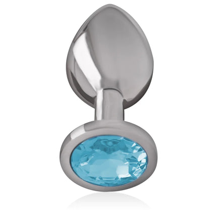 Silverplated analplug aus aluminium mit facettiertem blauem ovalem glasstein in der basis größe m