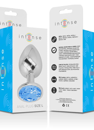 Silberner analplug aus aluminium mit blauem kristall und der marke intense in größe l