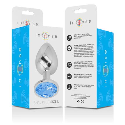 Silberner analplug aus aluminium mit blauem kristall und der marke intense in größe l