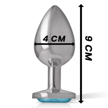 Intense analplug aus aluminium metall mit blauem kristallfuß in silber metallisch, 9 cm hoch und 4 cm breit