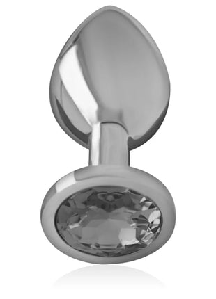 Silberner aluminium analplug mit schwarzem glaseinsatz und facettiertem grauem stein in ovaler fassung größe l