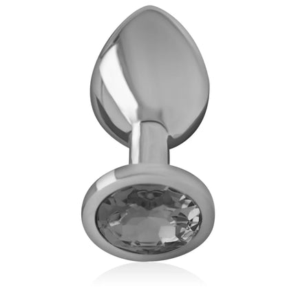 Silberner aluminium analplug mit schwarzem glaseinsatz und facettiertem grauem stein in ovaler fassung größe l