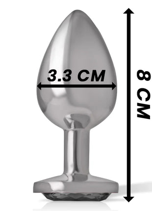 Silberner metallischer analplug mit tropfenförmigem kopf und flacher, strukturierter basis aus aluminium mit schwarzem glas