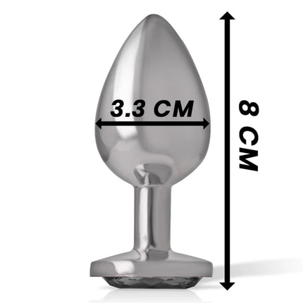 Silberner metallischer analplug mit tropfenförmigem kopf und flacher, strukturierter basis aus aluminium mit schwarzem glas