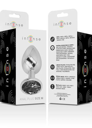 Analplug aus silbernem aluminium mit facettiertem schwarzem glasfuß größe m von intense