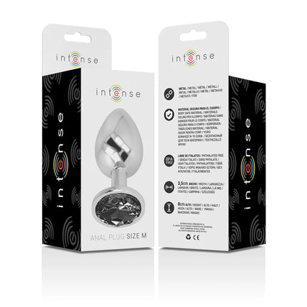 Analplug aus silbernem aluminium mit facettiertem schwarzem glasfuß größe m von intense