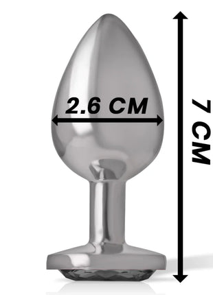 Eleganter silberner aluminium analplug intense mit tropfenförmigem kopf und schwarzem kristall am strukturierten ende