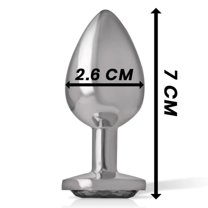 Eleganter silberner aluminium analplug intense mit tropfenförmigem kopf und schwarzem kristall am strukturierten ende