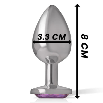 Silberner analplug aus aluminium mit violettem kristall in facettenoptik 8 cm hoch 3,3 cm breit size m