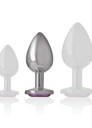 Set von drei analplugs aus aluminium metall mit violettem kristall und zwei durchsichtigen weißen plugs