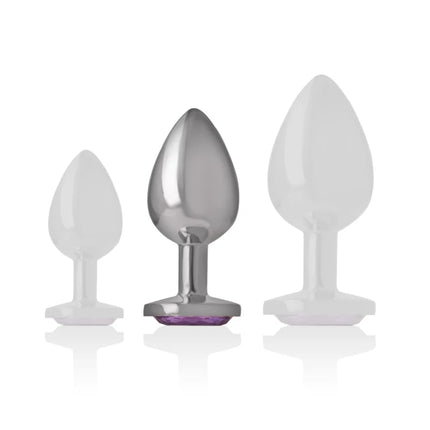 Set von drei analplugs aus aluminium metall mit violettem kristall und zwei durchsichtigen weißen plugs