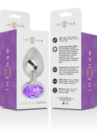 Intense analplug aus aluminiummetall mit violettem kristall, größe m, 3,5 cm breit und 8 cm hoch, metallic silberkörper