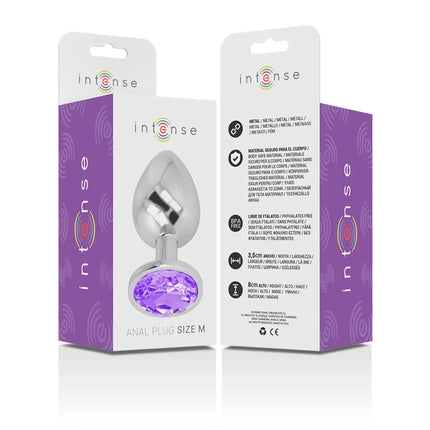 Intense analplug aus aluminiummetall mit violettem kristall, größe m, 3,5 cm breit und 8 cm hoch, metallic silberkörper