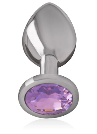 Intense analplug aus aluminium mit silberner oberfläche und violettem facettiertem kristall im ovalen design