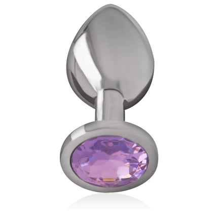 Intense analplug aus aluminium mit silberner oberfläche und violettem facettiertem kristall im ovalen design