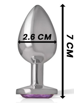 Intense analplug aus aluminium in silber mit violettem kristall, 7 cm hoch und 2,6 cm breit
