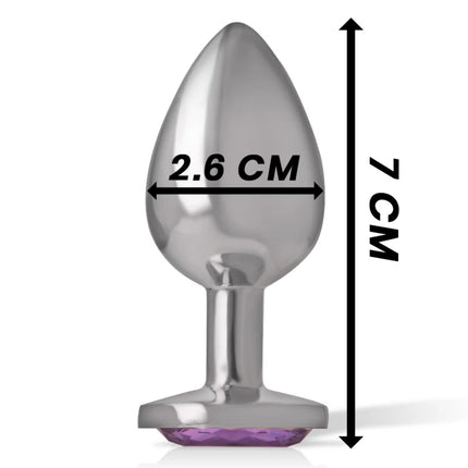 Intense analplug aus aluminium in silber mit violettem kristall, 7 cm hoch und 2,6 cm breit