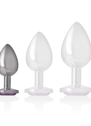Set aus drei klaren und metallischen analplugs aus aluminium mit violettem kristall als basis größe s